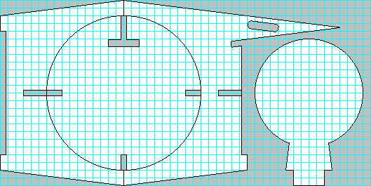 Plan for an alternate puzzle chair with a circular back.  The cutting is more complex, and generates more waste, but the end result, it is hoped, will be more aestheticaly pleasing. As before, this drawing is on a 1 in. grid.