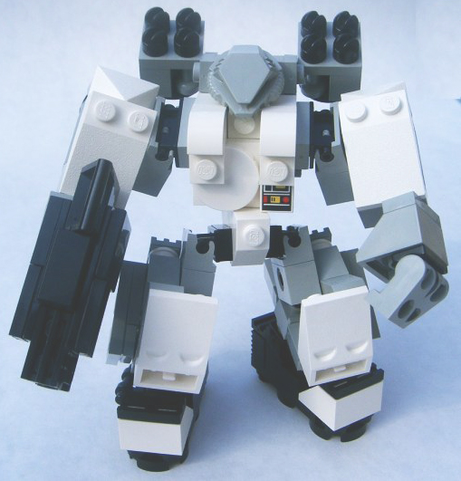 A LEGO power armor model incorporating a minifig head at a more realistic scale than an actual minifig.